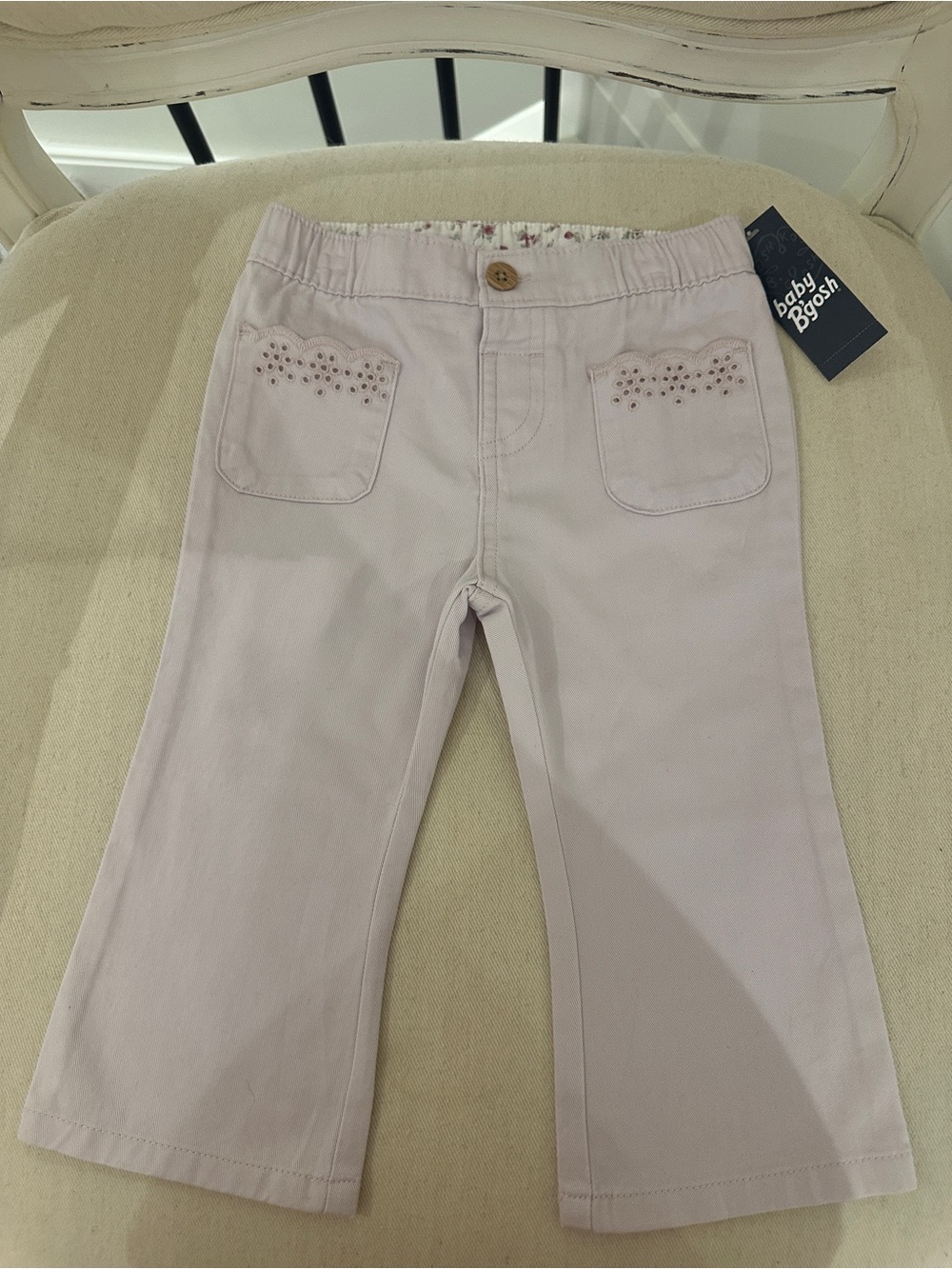 🤍 18 Mth 100% Cotton Scallop Eyelet Pale Lilac Baby girl Flate Leg Pants NWT